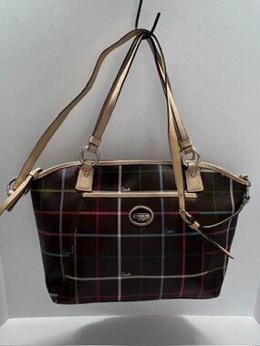 Coach Peyton Tattersall Leather Tote F24390 Shoulder Tote Bag (2013) Brown